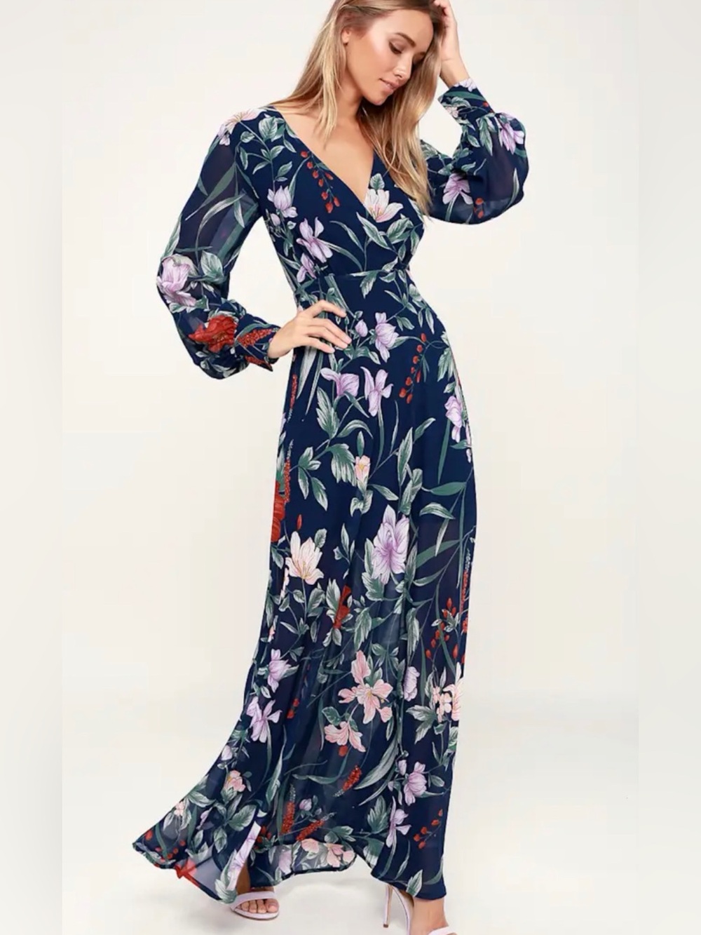 Lulus Navy and Floral Long Occassion Maxi Dress with Sleeves -Gorgeous Size M
